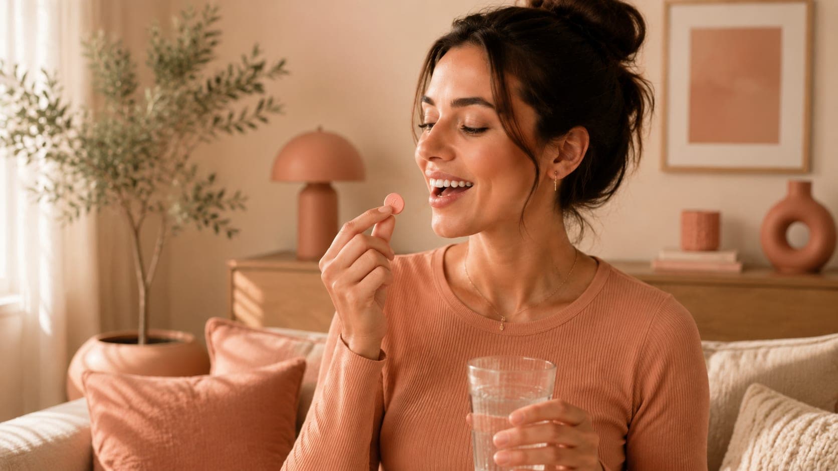 Woman at home taking a daily weight loss tablet
