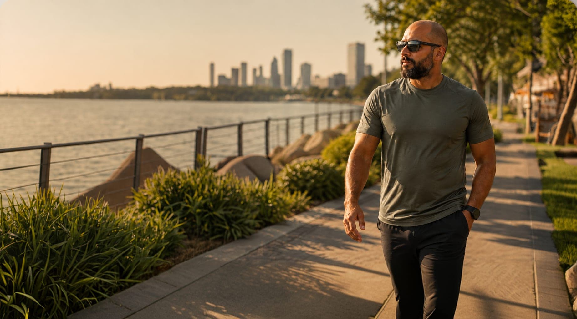 Man walking along a riverside path in the city