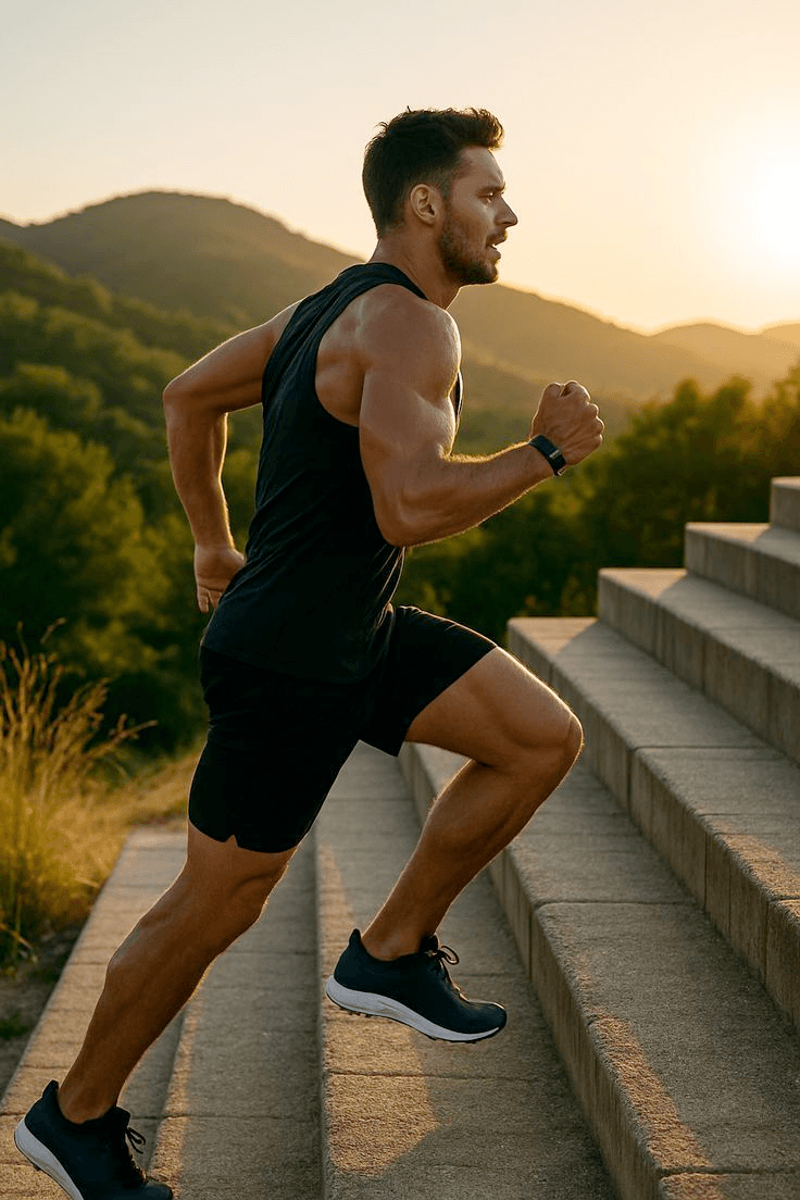 A man running up outdoor steps at sunset